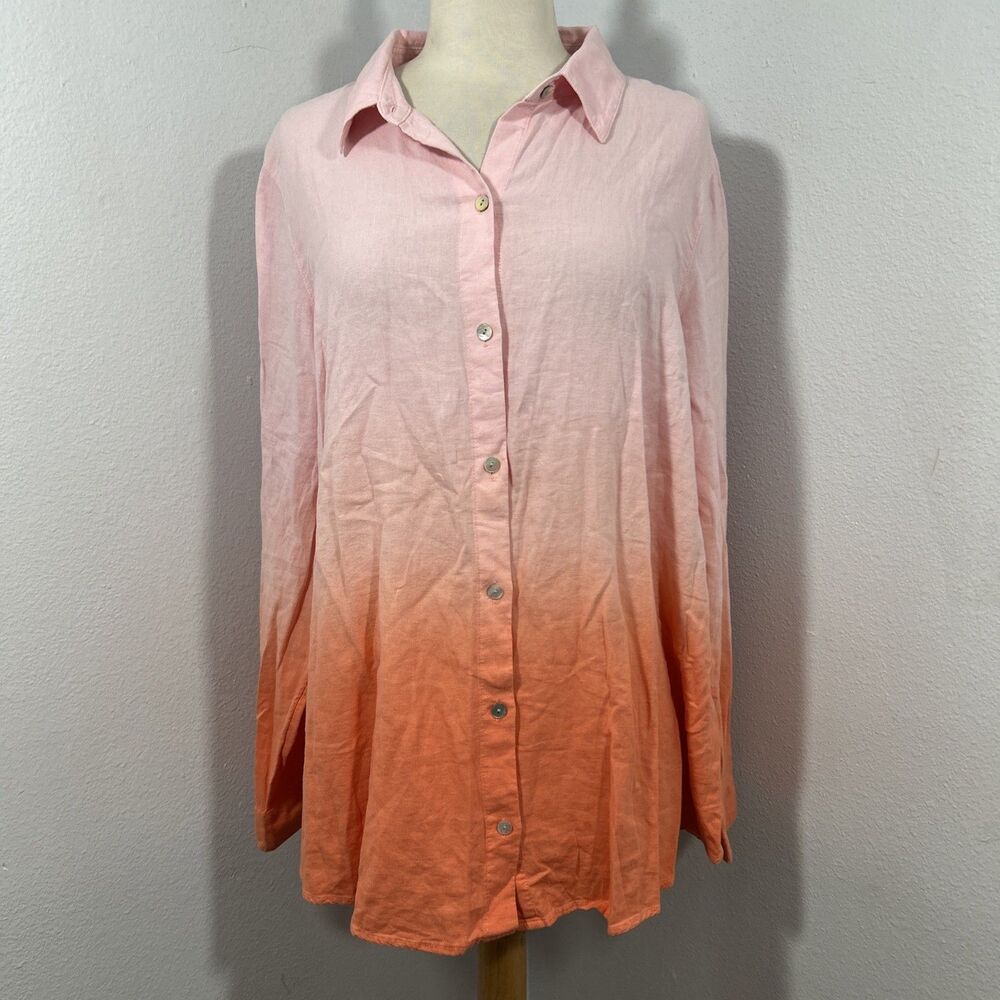 J Jill Shirt Womens M Linen Blend Tie Dye Button Up Blouse Artisan Relaxed